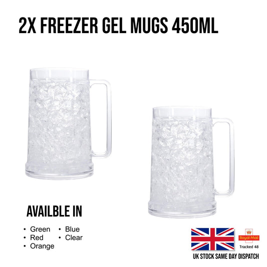 Two freezer gel mugs with handles on a white background, labeled '2X Freezer Gel Mugs 450ML'.