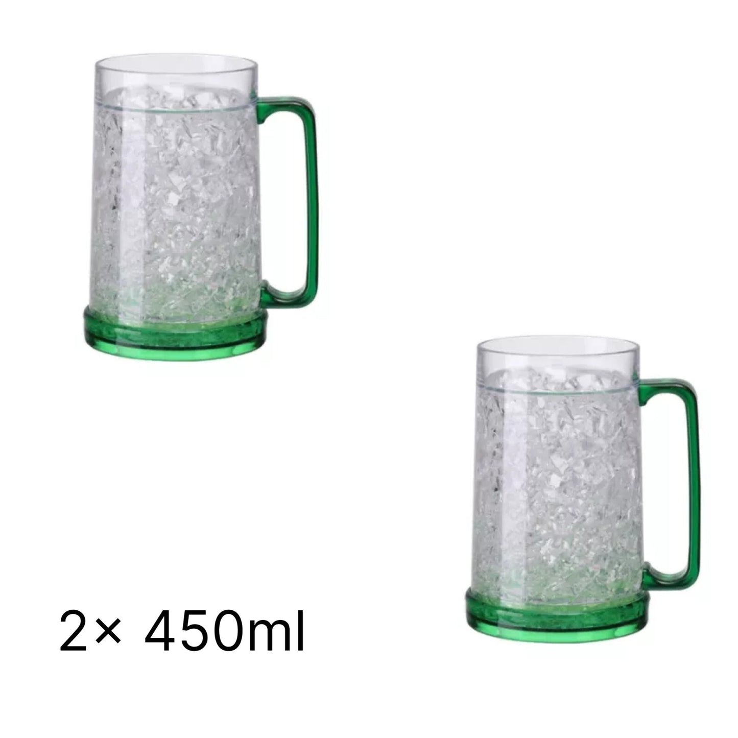 Two green glass mugs with ice cubes on a white background, labeled '2 x 450ml'.
