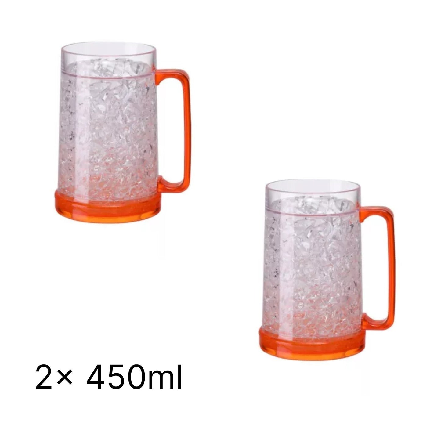 Two clear mugs with orange handles filled with ice, labeled '2 x 450ml'.