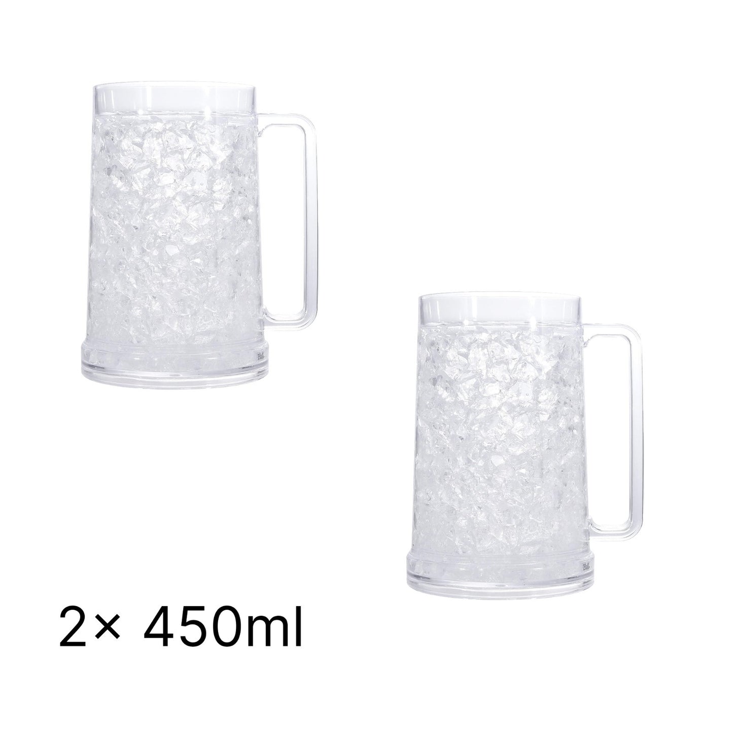 Two clear plastic mugs with handles on a white background, labeled '2 x 450ml'.