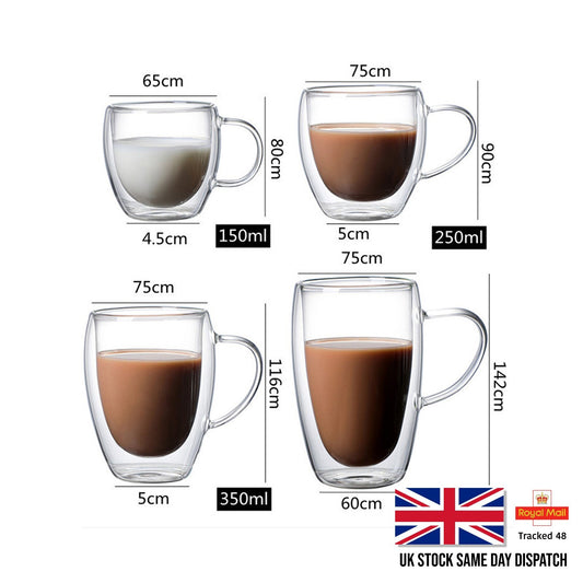 Double Walled Glass Coffee Cups Heat Resistant Stylish 150/250/350/450ml 2x Set
