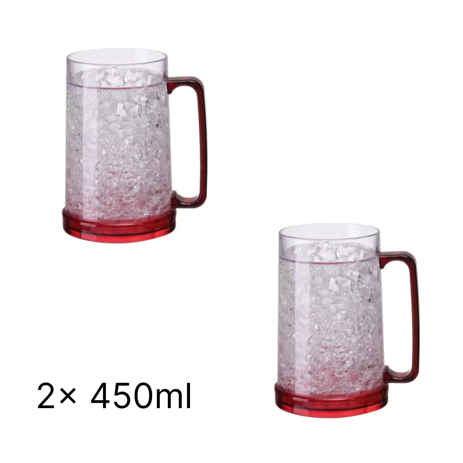 Two red-bottomed clear mugs with ice cubes on a white background