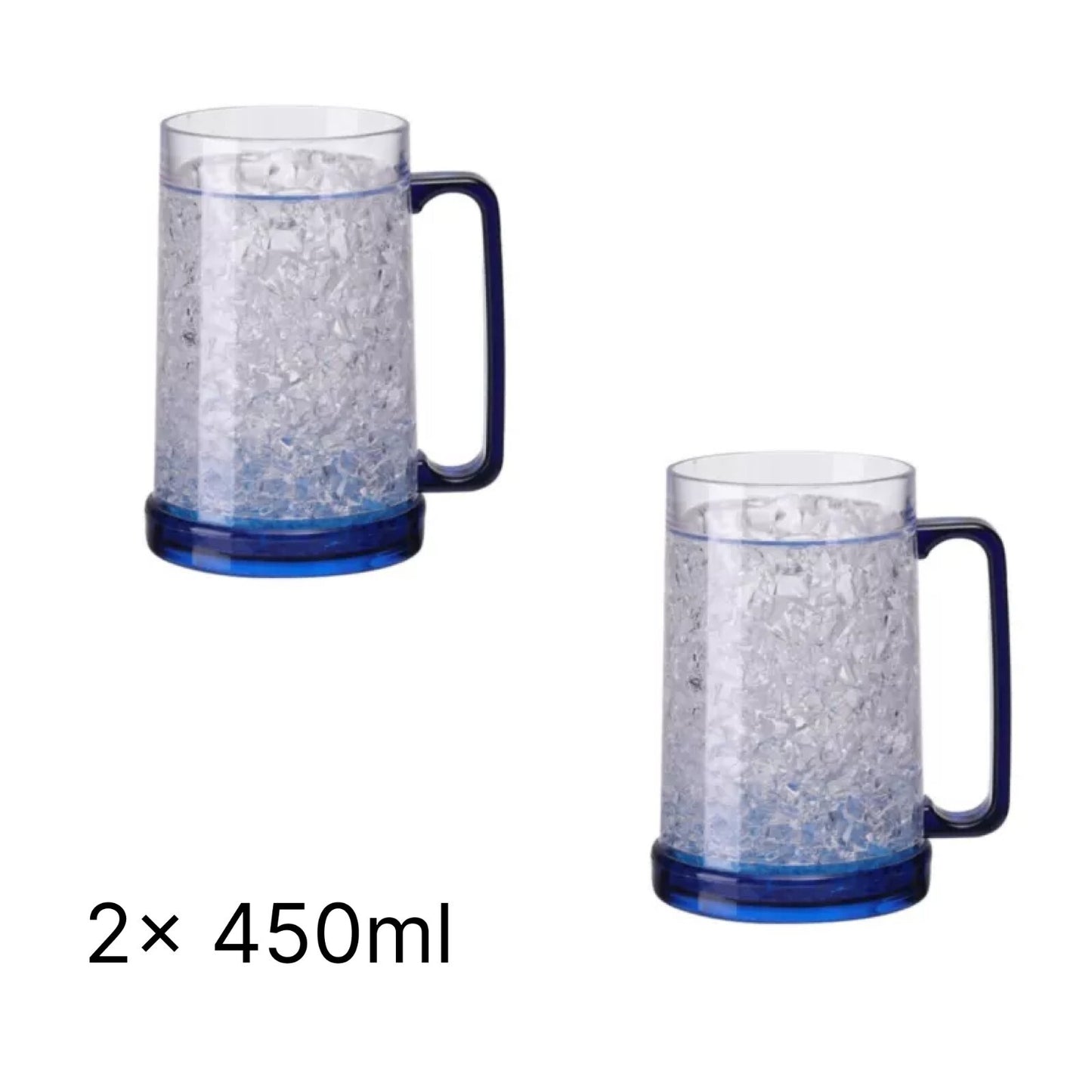 Two clear mugs with blue bases filled with ice, labeled '2 x 450ml'.
