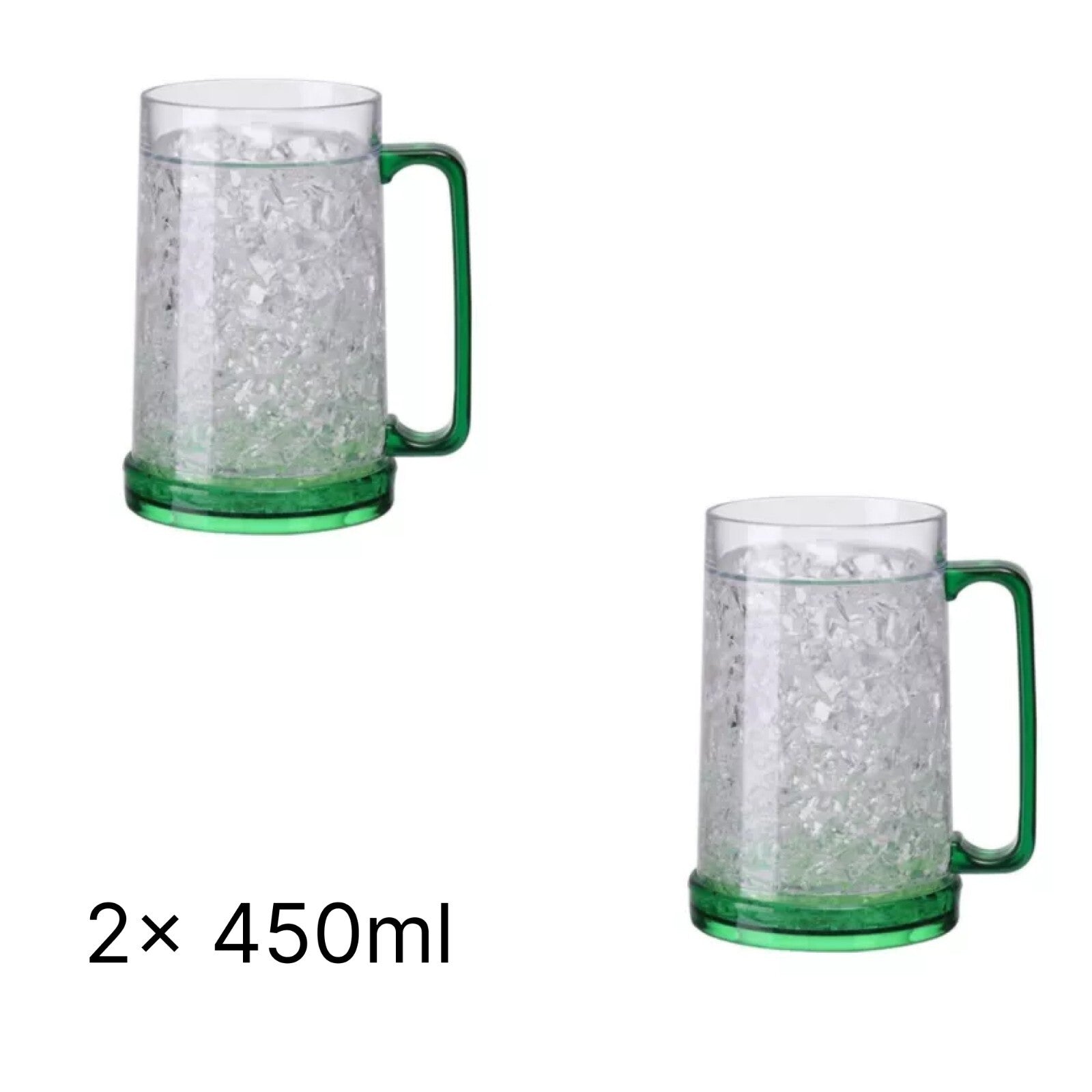 Two green glass mugs with ice cubes on a white background, labeled '2 x 450ml'.