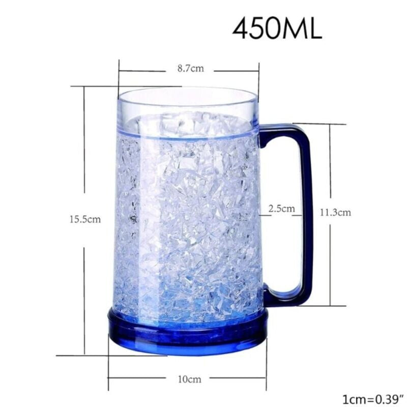 Glass mug with blue handle filled with ice, showing measurements on a white background