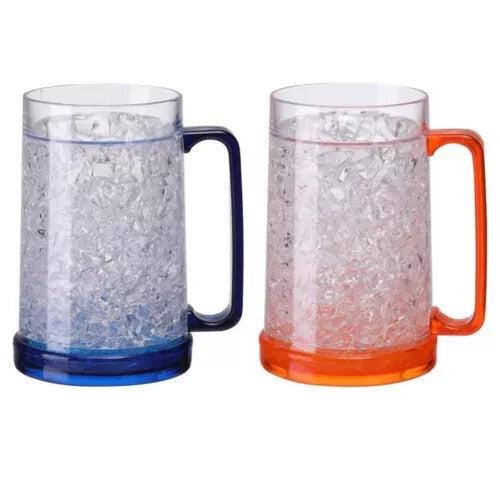 Two clear mugs with colored bases filled with ice on a white background