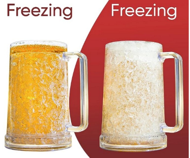 Two glass mugs filled with a frozen beverage on a red background with 'Freezing' text.