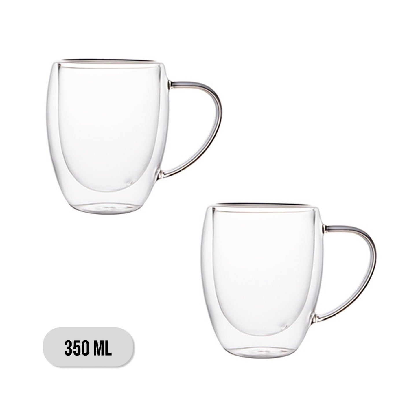 Two clear glass mugs with handles on a white background, labeled 350 ML.