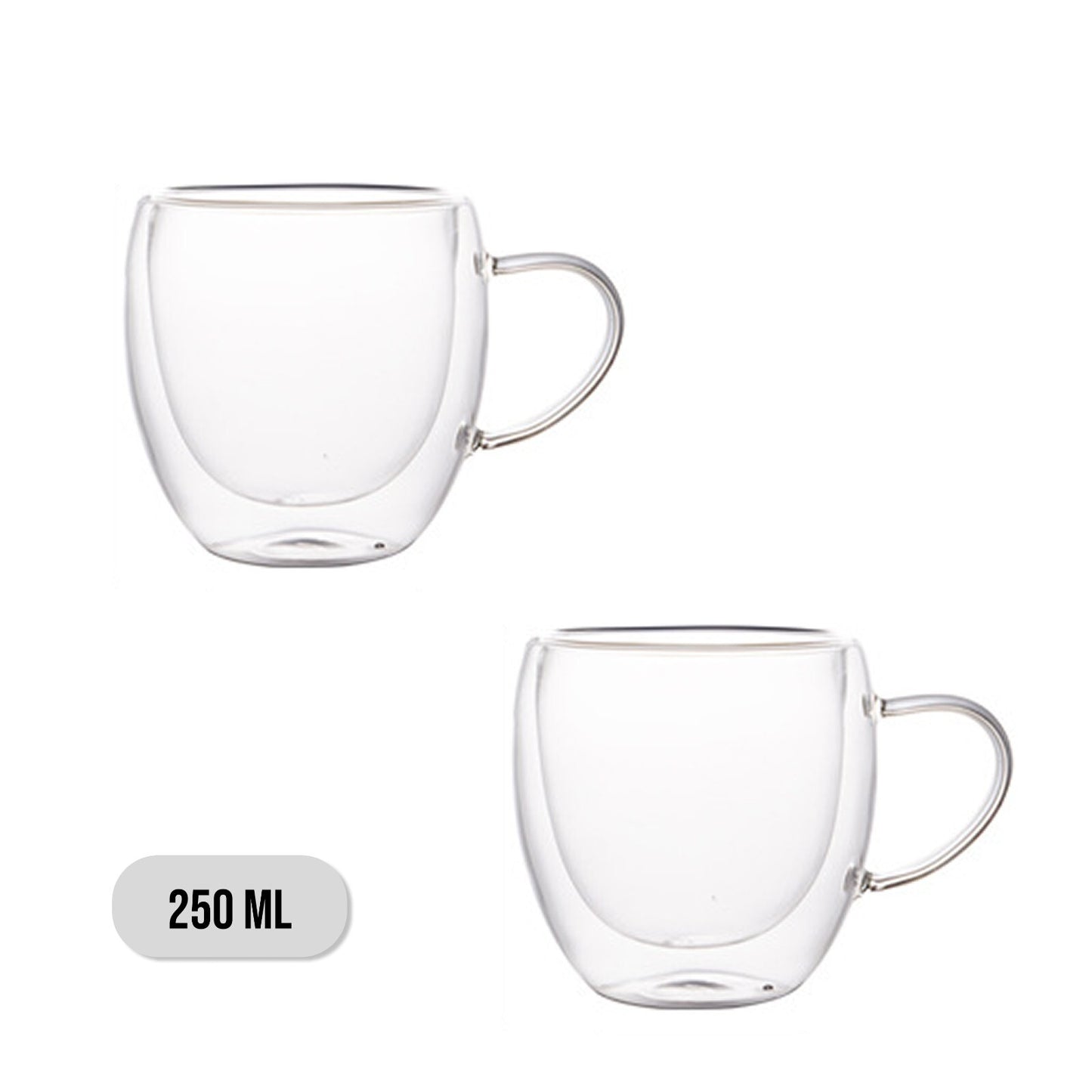 Two clear glass mugs with handles on a white background, labeled '250 ML'.