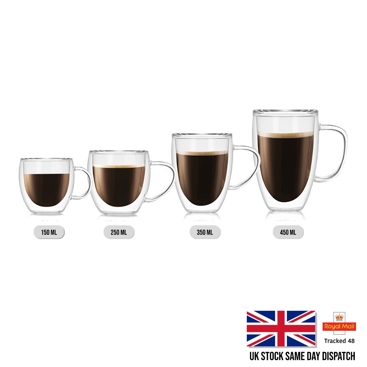 Set of four glass mugs with different capacities filled with coffee, displayed on a white background.