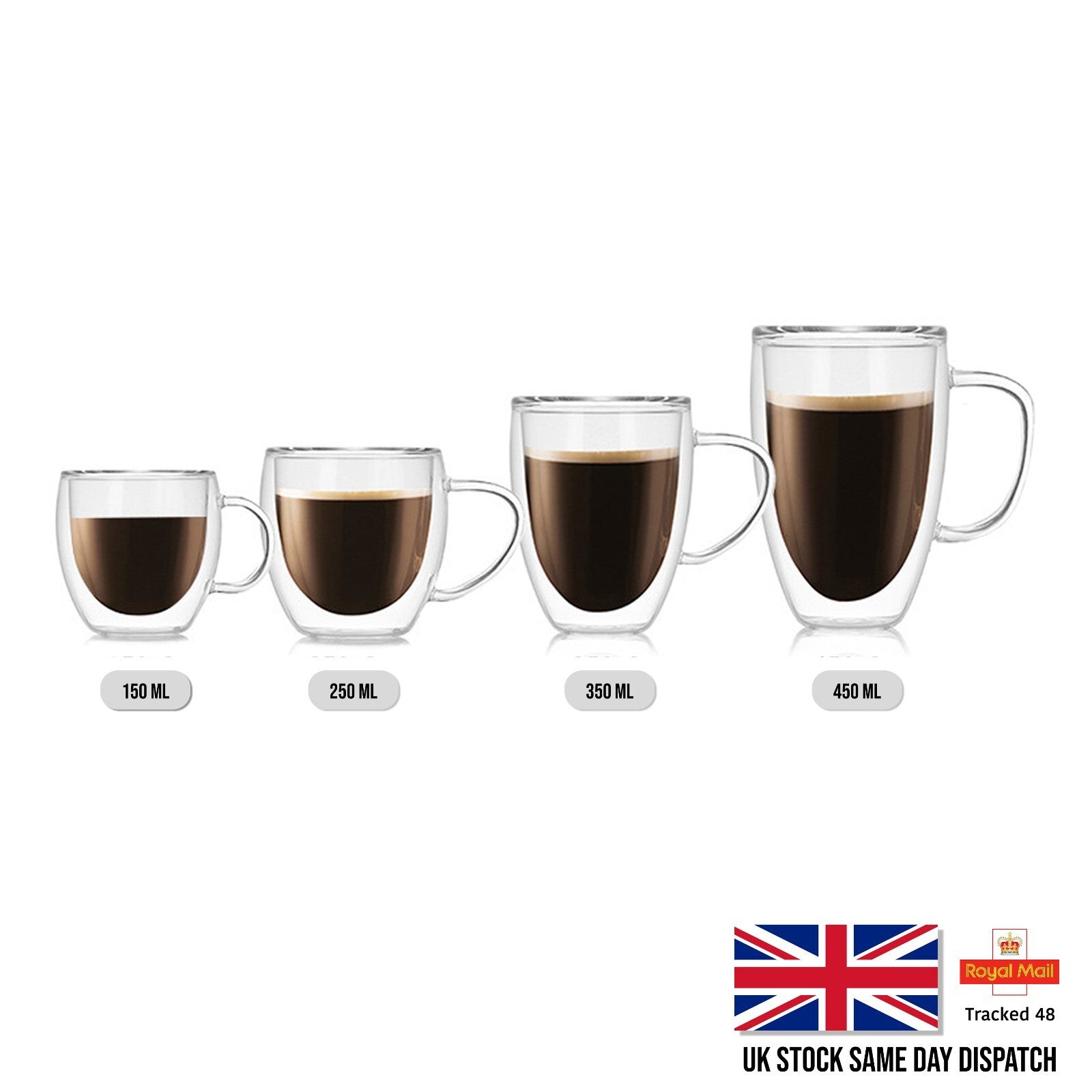 Set of four glass mugs with different capacities filled with coffee, displayed on a white background.