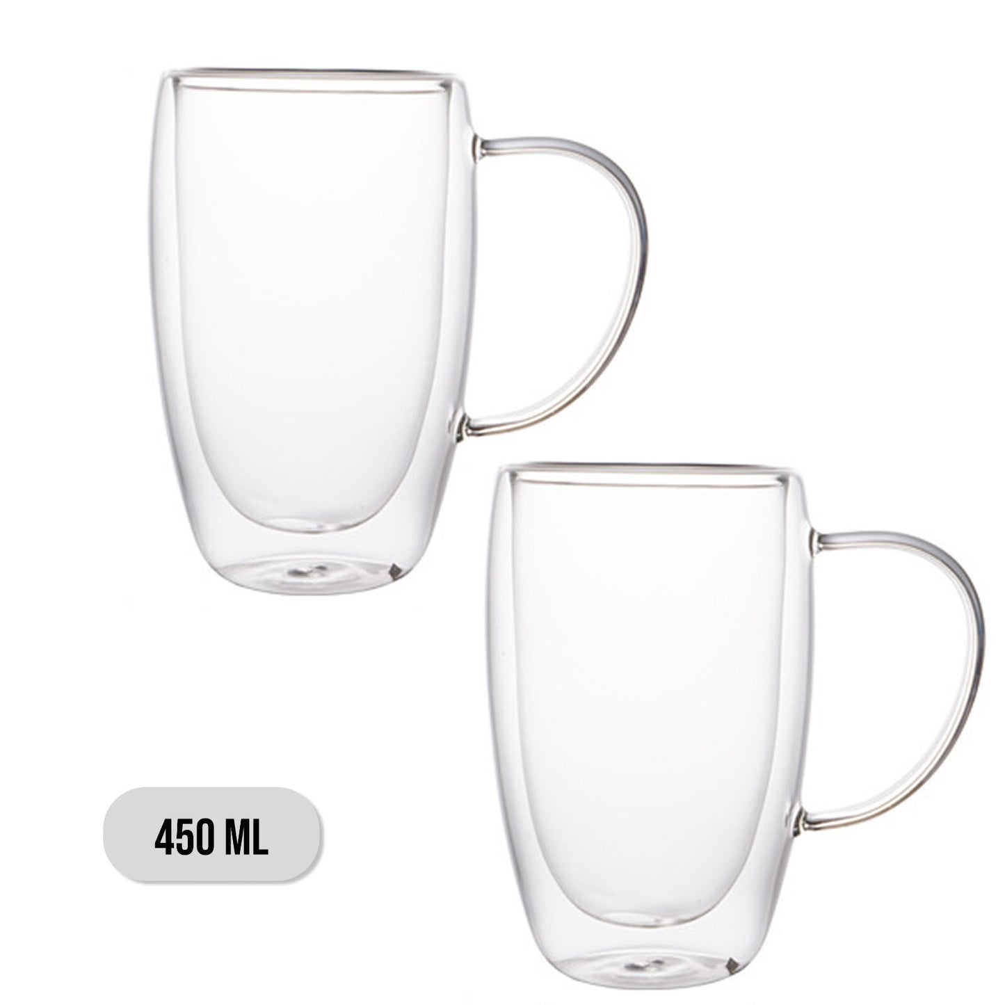 Two clear glass mugs with handles on a white background, labeled 450 ML.