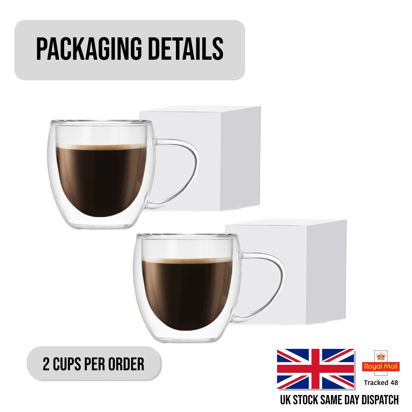 Two glass coffee cups with a white box in the background, labeled 'Packaging Details'.