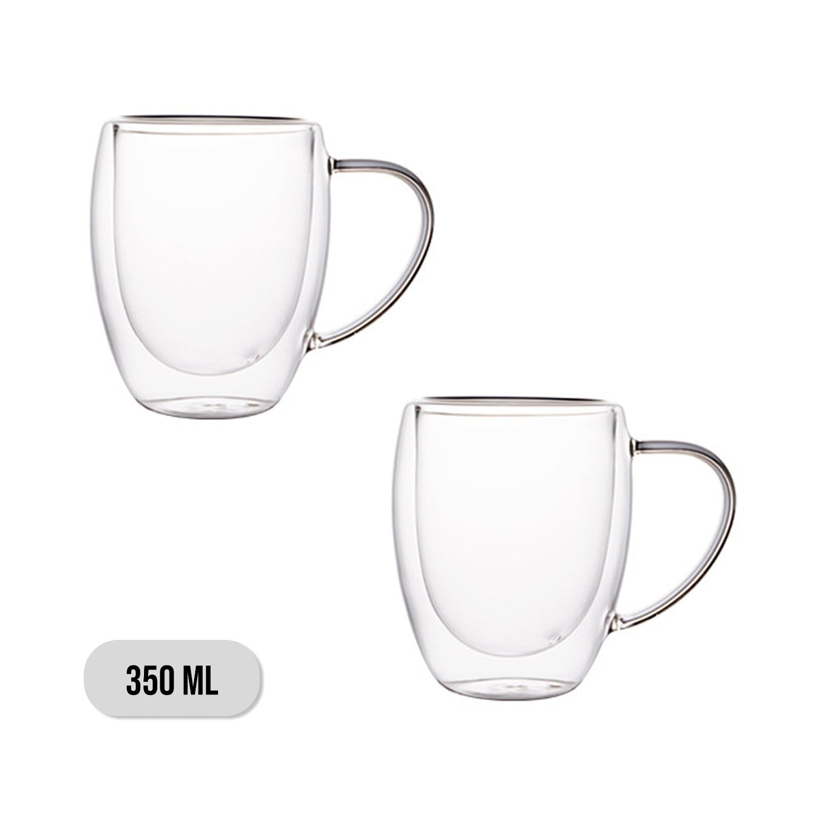 Two clear glass mugs with handles on a white background, labeled 350 ML.