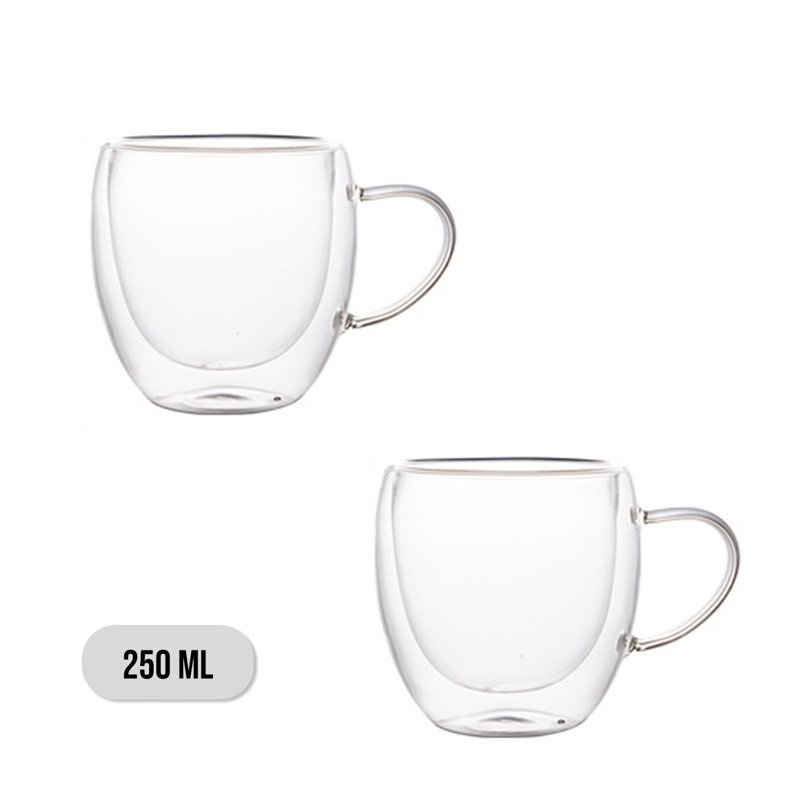 Two clear glass mugs with handles on a white background, labeled '250 ML'.