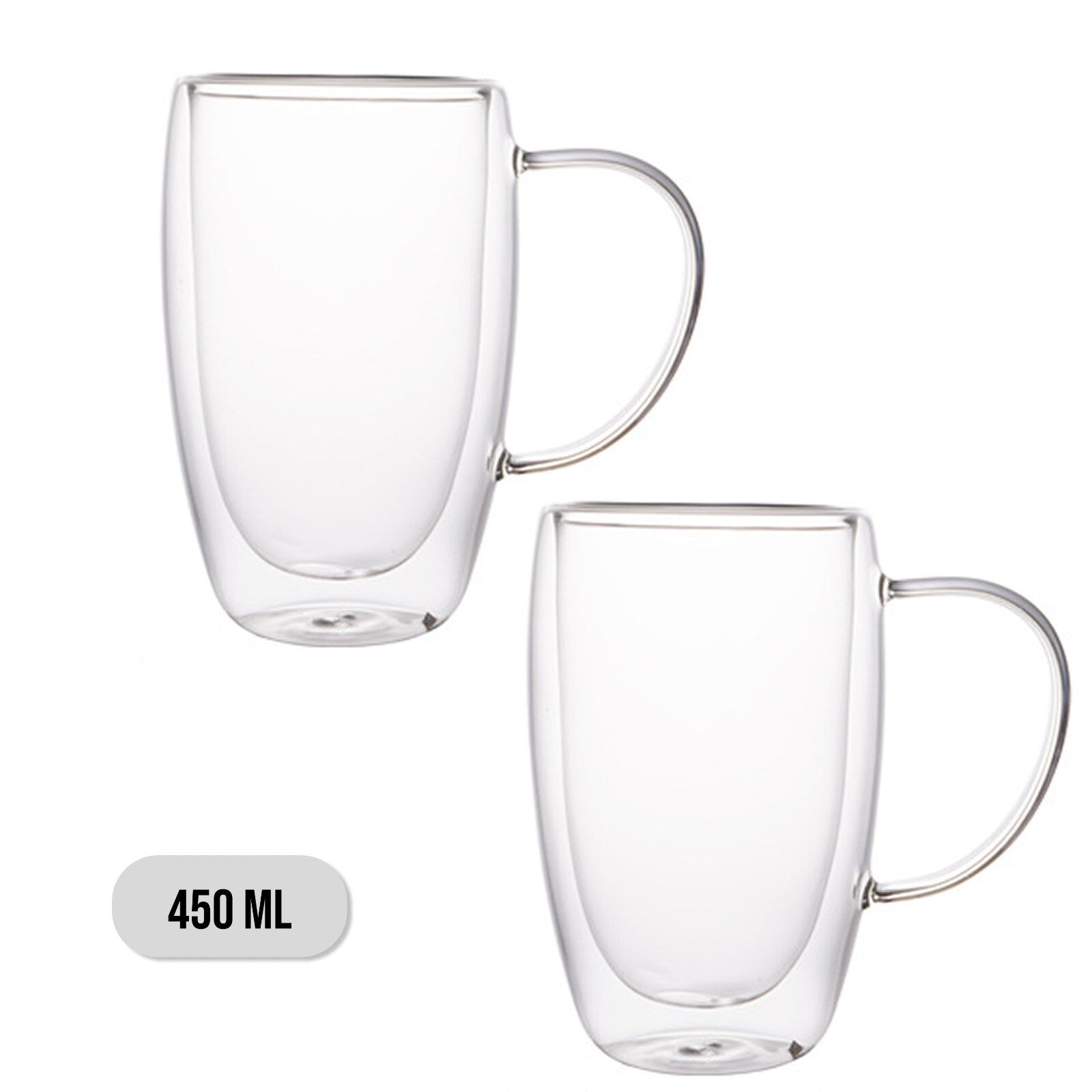 Two clear glass mugs with handles on a white background, labeled 450 ML.